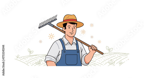A farmer with a rake on his shoulder in a field with sprouting plants.