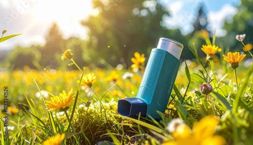Render a teal asthma inhaler placed among blooming daisies in a sunlit meadow with green grass and warm light, isolated to emphasize respiratory wellness, nature’s healing, and breath symbolism.