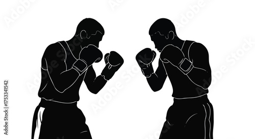Two boxers in fighting stance silhouette. Male fighters ready for combat, black graphic on white background, sport illustration.