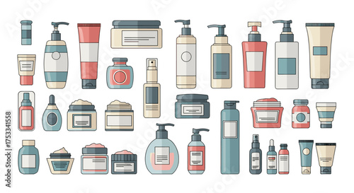 An assortment of skincare products and cosmetic containers on a white background.