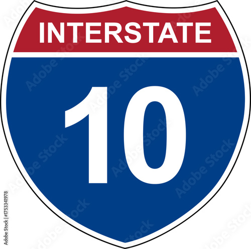 Interstate 10. Interstate highway sign. Road number. Signpost indicating route numbers in the U.S. Interstate Highway System. Even numbers run west to east. Odd numbers run north to south.
