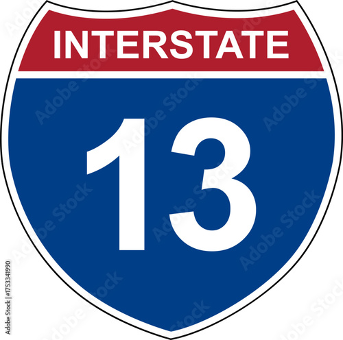 Interstate 13. Interstate highway sign. Road number. Signpost indicating route numbers in the U.S. Interstate Highway System. Even numbers run west to east. Odd numbers run north to south.