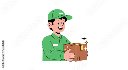 Friendly delivery person holding a package with a smile and sparkles around it.