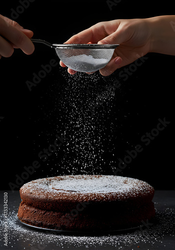 Cake being dusted with powdered sugar