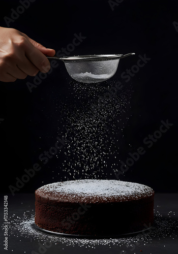 Cake being dusted with powdered sugar