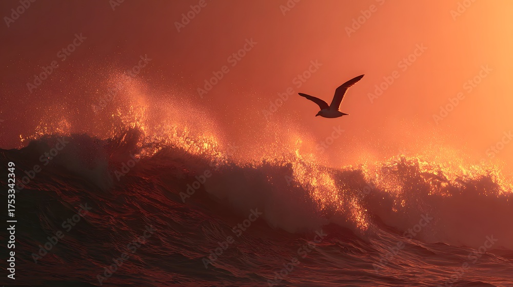 Naklejka premium dramatic curling wave catching sunset light under soft orange pink sky over tranquil ocean scene for creative use silhouette of a man jumping