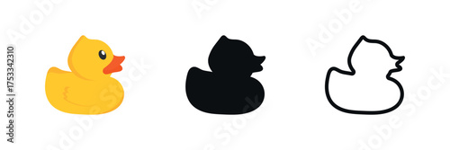 Rubber duck icon on white background. Yellow duckling bath toy for kids. Flat colored design. Vector illustration of cute bird and farm animal symbol.