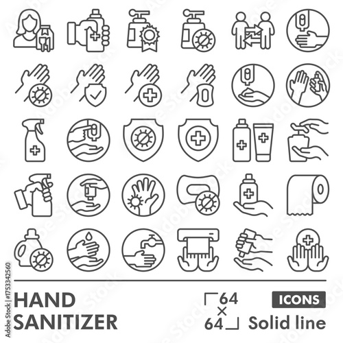 Hand sanitizer symbols collection or sketches, hygiene theme with line style signs for web and app. Vector graphics isolated on white background.