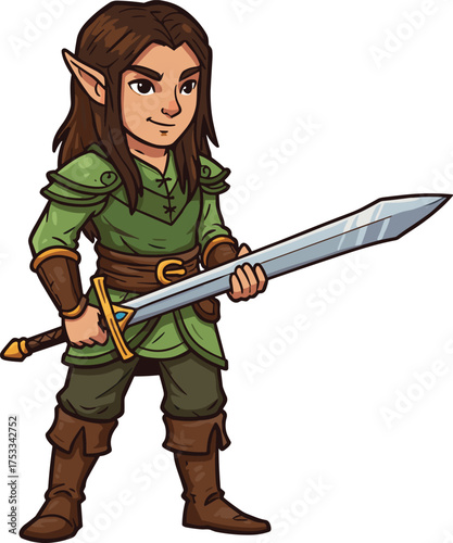 Cartoon illustration of fantasy elf warrior in green tunic and leather armor holding large sword, confident pose mythical character design
