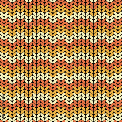 Seamless vector illustration of a knitted fabric texture. The pattern features horizontal stripes in warm autumnal shades of orange, yellow, and cream, creating a cozy sweater design