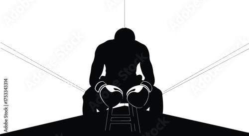 Fighter Silhouette Resting in Boxing Ring Corner. Black and White Minimalist Illustration of Boxer in Contemplation
