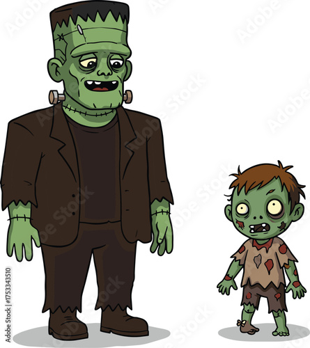 Cartoon illustration of Frankenstein monster with stitches and bolts standing beside zombie child in tattered clothes, playful spooky Halloween character design