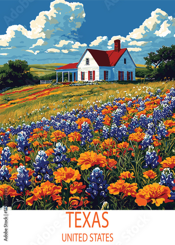 Vibrant Texas countryside scenery featuring a charming farmhouse nestled among blooming bluebonnets and wildflowers under a clear blue sky with fluffy clouds