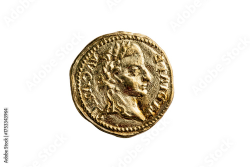 Gold Roman quinarius coin replica of the Roman emperor Tiberius AD14-AD37  png file cut out and isolated on a transparent background, ancient coinage collecting stock photo