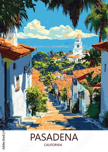 Picturesque Pasadena California Hillside Street with Classic White Buildings, Red Tile Roofs, and Distant Ocean Views, Ideal for Travel Brochures