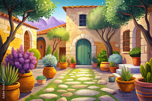 Mediterranean courtyard garden with terracotta pots, lavender, olive trees, and stone walls, warm sunlight