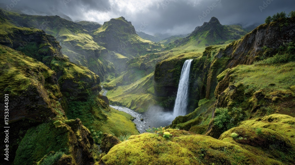 Obraz premium Majestic waterfall in lush mountains