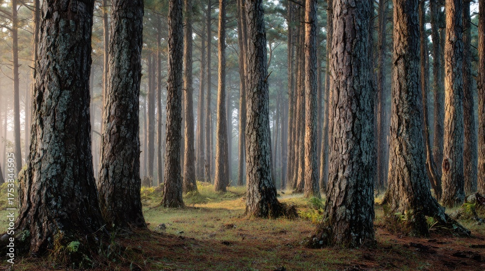 Fototapeta premium Pine trees forest sunlight