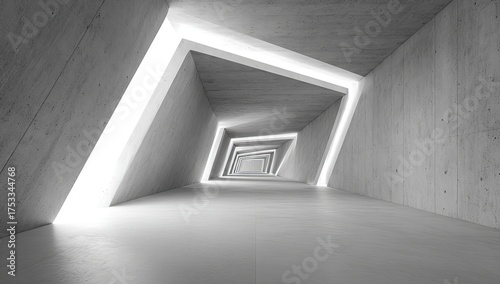 Fototapeta Naklejka Na Ścianę i Meble -  Futuristic, geometric interior, gray concrete walls, bright light panels, perspective tunnel