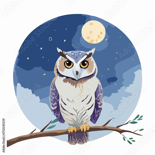 Kleine Eule auf einem Ast bei Vollmond