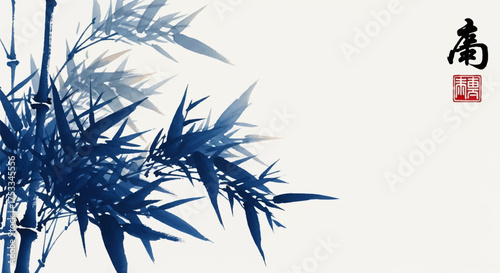 Elegant Ink Wash Painting of Bamboo in Blue Hues, a Serene Traditional Art Form