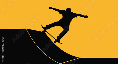 Skateboarder silhouette on ramp performing trick. Dynamic action sports graphic with yellow background.