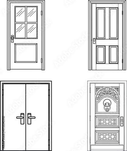 Architectural doors and windows drawings collection line art illustration for children's simple coloring book