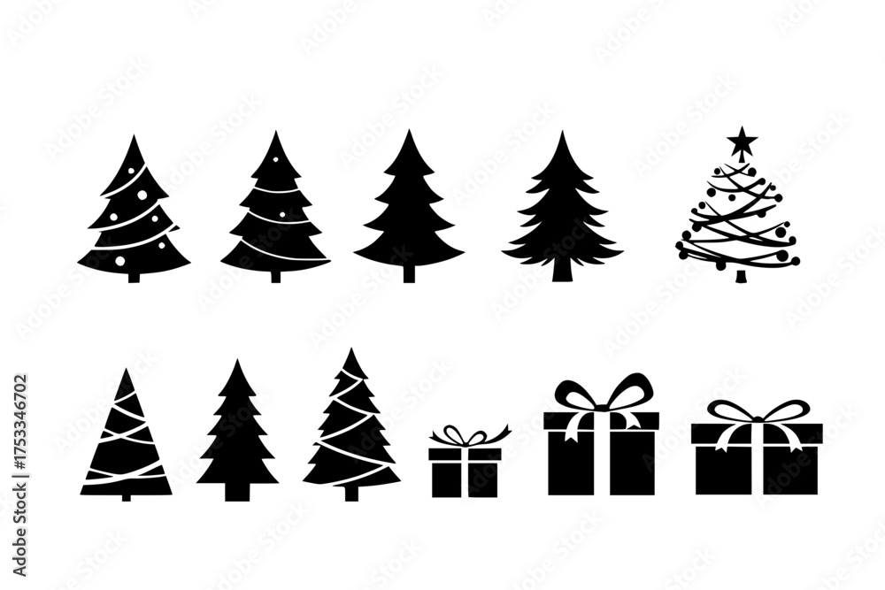 Obraz premium Elegant Christmas Tree & Gift Silhouettes: Festive Icon Set, Holiday Season, Minimalist Vector 