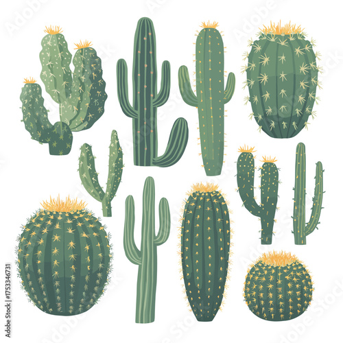 Collection of diverse green cactus plants artfully arranged and isolated on a clean white background
