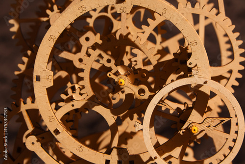 Intricate Wooden Mechanical Clock Model with Interlocking Gears 16680