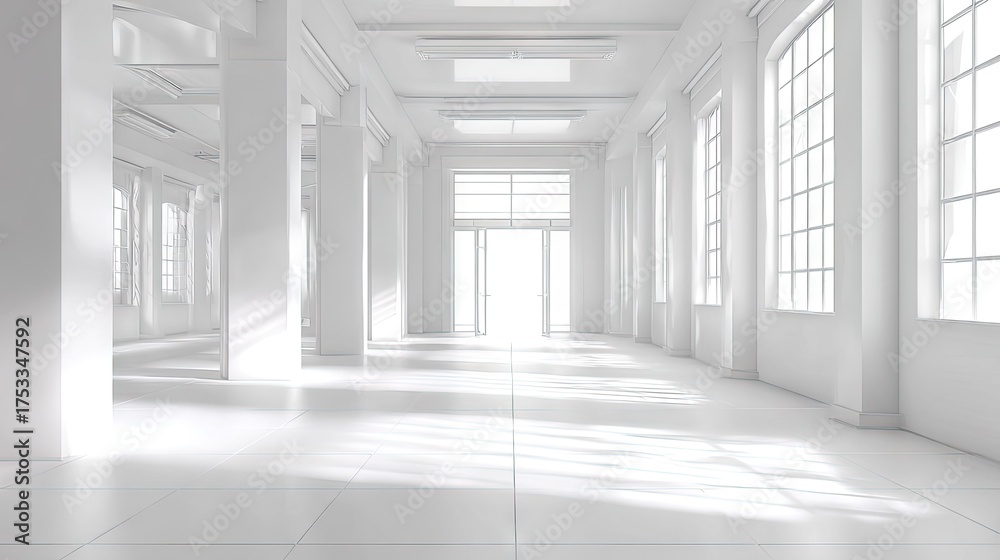 Fototapeta premium Bright white interior architecture with columns and large windows