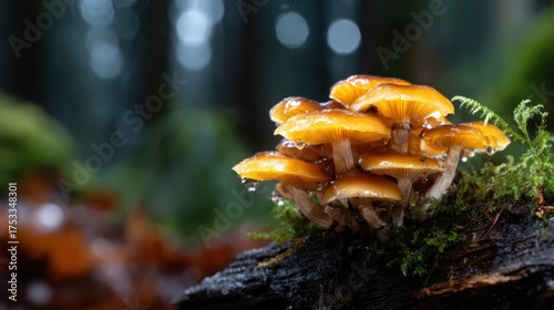 A vibrant cluster of mushrooms adorned with water droplets stands amidst lush greenery in a forest, highlighting nature's beauty and the intricate ecosystems that exist silently.