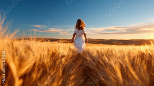 A young woman stages a peaceful walk through golden wheat fields under a beautiful sunset, capturing the essence of tranquility and the beauty of nature.