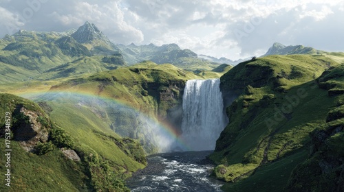 Majestic waterfall and rainbow landscape