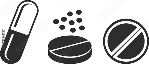 Collection of medical pills and capsules in a simple graphic style