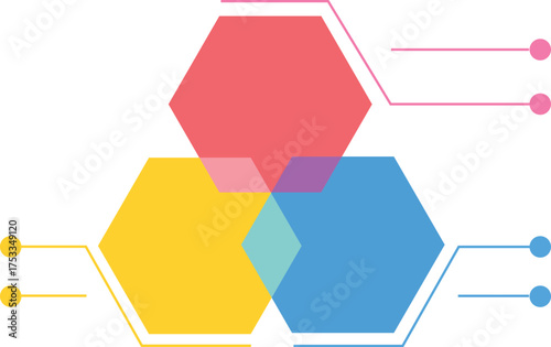 hexagon network diagram connected nodes technical illustration system architecture blockchain structure infographic isolated on white background.