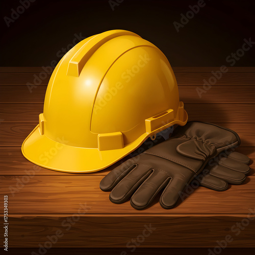Construction helmet and work gloves on wooden surface