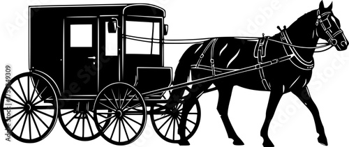 Amish horse and buggy silhouette. This traditional carriage design depicts a horse-drawn buggy, showcasing rural simplicity and vintage aesthetics. Vector clipart black illustration design