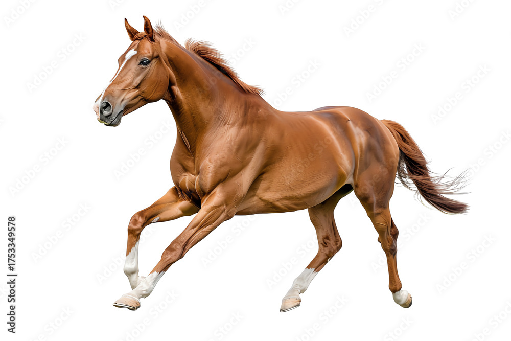 Obraz premium A majestic brown horse running freely, showcasing its strength and grace in a dynamic pose against a clear background.