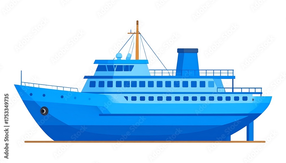 Fototapeta premium A side view of a bright blue passenger vessel, with multiple levels, a smokestack, and a mast, floating in the water