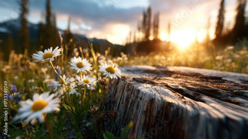 A breathtaking view of a wildflower meadow at sunset, featuring blooming daisies and a rustic log, encapsulating nature's beauty and tranquility at the day's end.