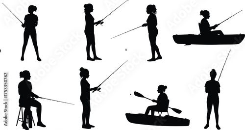 Fishing silhouettes, people with rods, casting, reeling, sitting, kayaking, outdoor recreation, angling poses, fisherman lifestyle, black vector design illustration