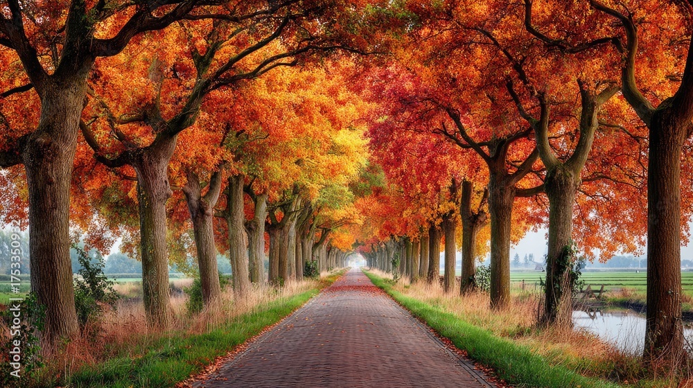 Naklejka premium Autumn road lined with colorful trees leads toward the horizon