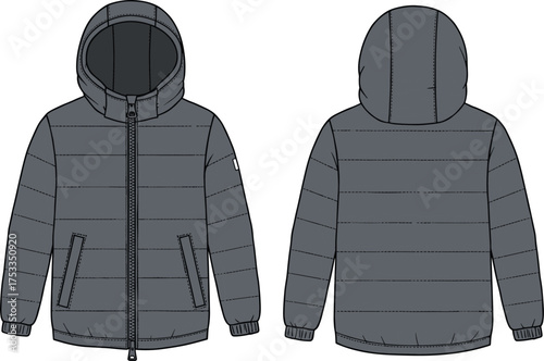 Gray hooded puffer jacket front and back view, quilted winter coat with zipper closure, warm outerwear fashion apparel clothing design
