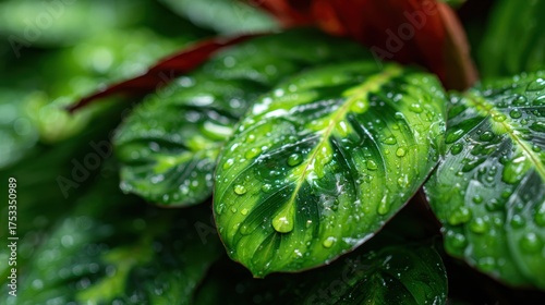 Close-up photo of lush green leaves adorned with crystal-clear raindrops, showcasing the beauty of nature and the intricate details of the foliage.