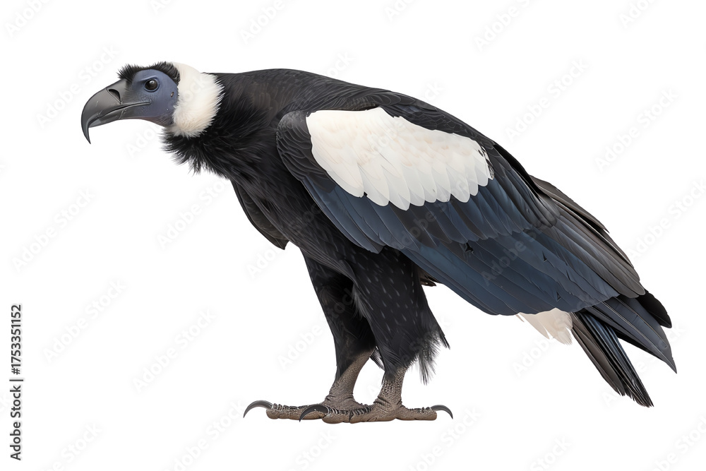 Obraz premium A majestic vulture stands tall, showcasing its striking black and white feathers in a captivating pose, ready for flight.
