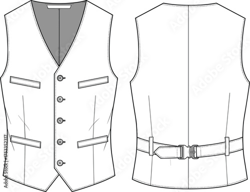 Men’s waistcoat front and back view, V-neckline, button closure, welt pockets, adjustable belt, tailored formal fashion apparel flat sketch