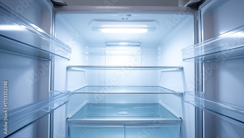 An empty, lit interior of a refrigerated appliance, shelves in focus, cool-toned illumination