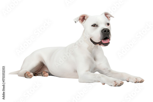 A playful white dog lying down, showcasing its friendly demeanor and lively spirit, perfect for pet-related themes.