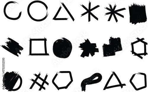 Modern hand drawn geometric shapes and expressive abstract marks on white background